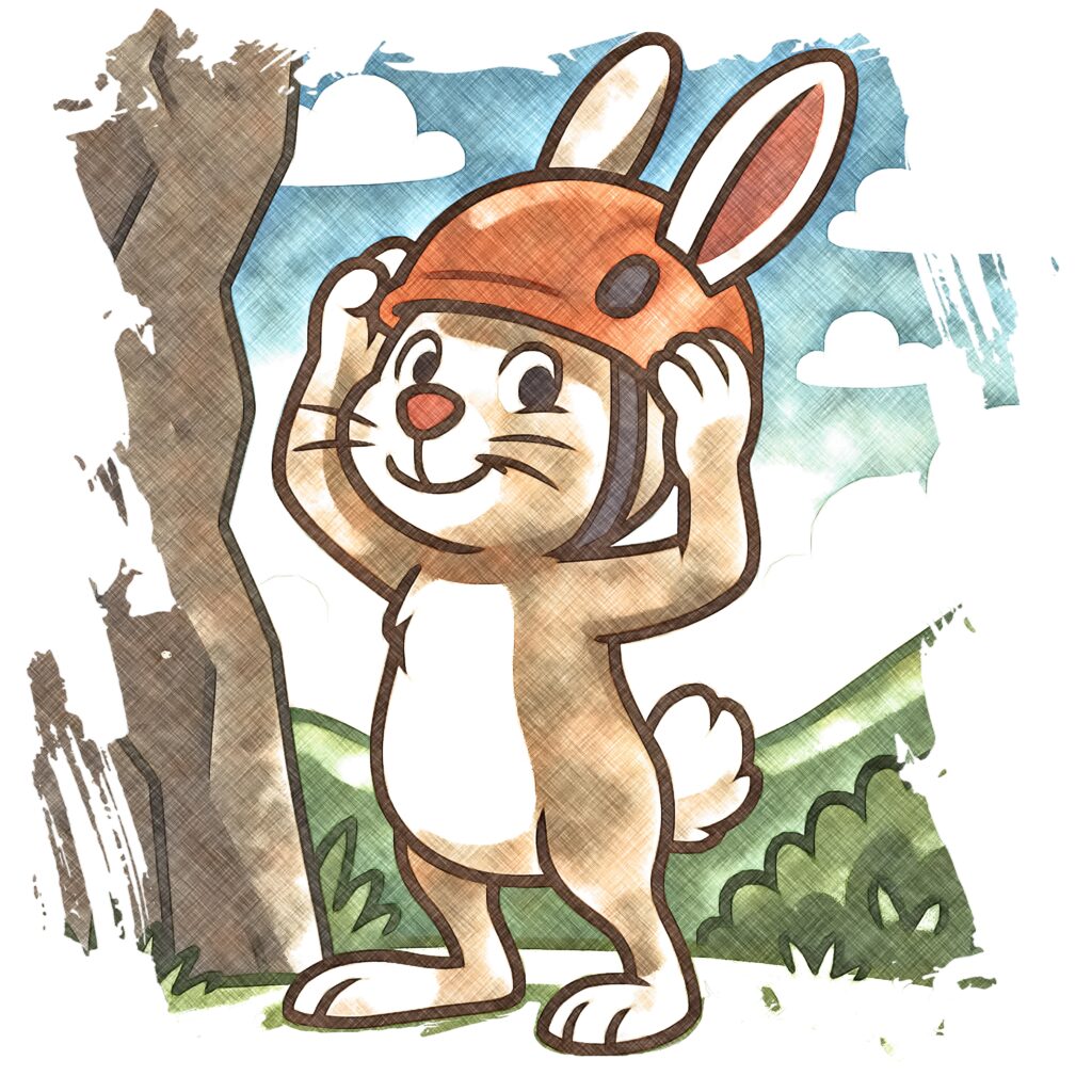 Lasst uns gemeinsam Klettern. Hase mit Helm